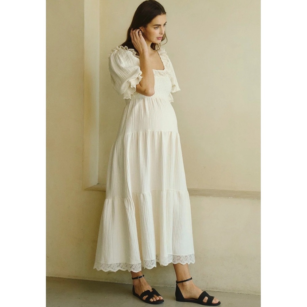 NothingFitsBut Boram M Eggshell Cotton Gauze Maxi Dress Lace Trim Smocked